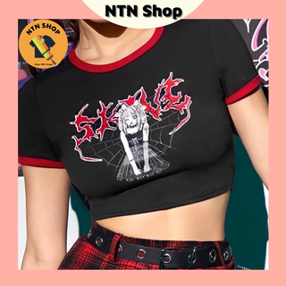 Áo croptop in hình, phối viền cổ tròn tay ngắn .