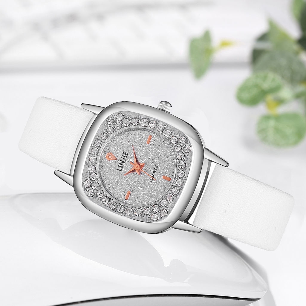 Đồng hồ mặt vuông đính đá phối dây da thời trang cho nữ