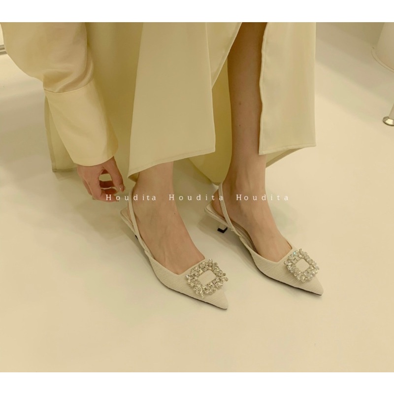 Giày cao gót nữ mũi nhọn thanh lịch phối đá mới lạ gót cao 5cm đi làm đi chơi - HOUDITA - SGMN009