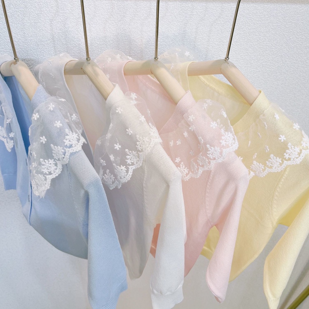 Áo Khoác Len Cardigan Mỏng Phối Ren Xinh Xắn Cho Bé Gái
