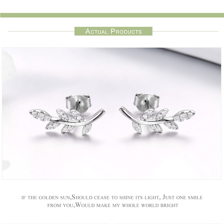 Hoa tai Bamoer Bse031 chất liệu bạc 925 thiết kế hình chiếc lá đính đá lấp lánh sành điệu