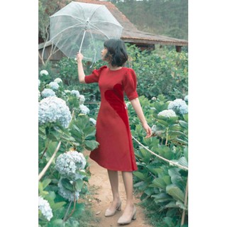 Đầm midi đỏ tay phồng Germe M newtag