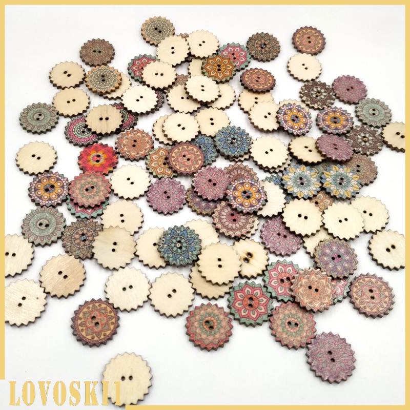 [LOVOSKI1]100 Pieces Painted Gear Wood Buttons for Sewing Craft DIY Accessories 20mm