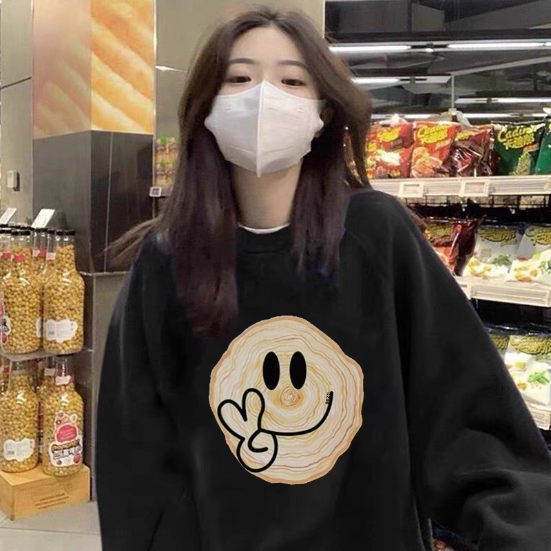 ZHELIHANGFEI Áo Sweater Tay Dài Dáng Rộng Cổ Tròn In Họa Tiết Cá Tính