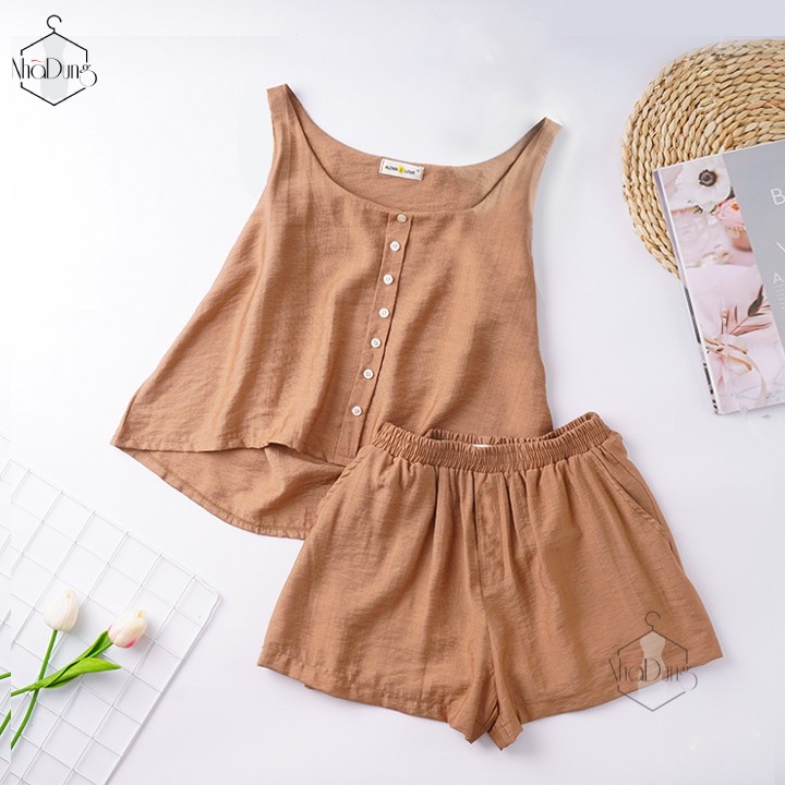 Đồ mặc nhà đồ ngủ nữ vải đũi nhăn mềm có túi cách điệu nút áo xinh xắn size từ 40-70kg | BigBuy360 - bigbuy360.vn