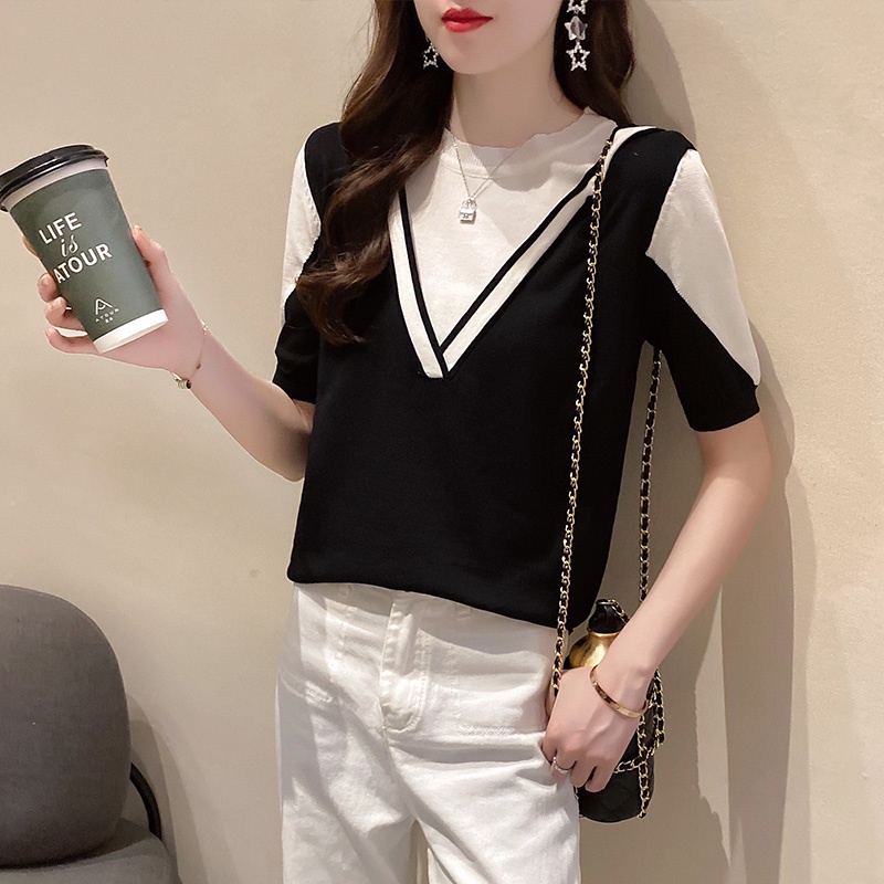 Áo dệt kim ZHELIHANGFEI ngắn tay phối màu thiết kế thời trang mùa hè cho nữ