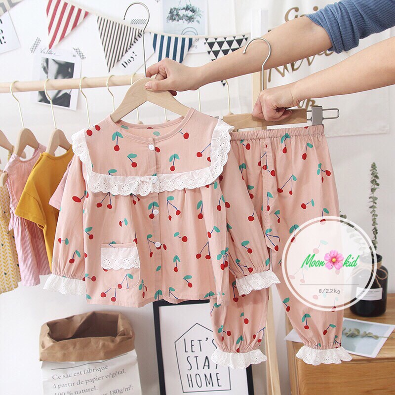 bộ pizama phối ren bèo bé gái cực yêu diện ngủ cũng phải xinh