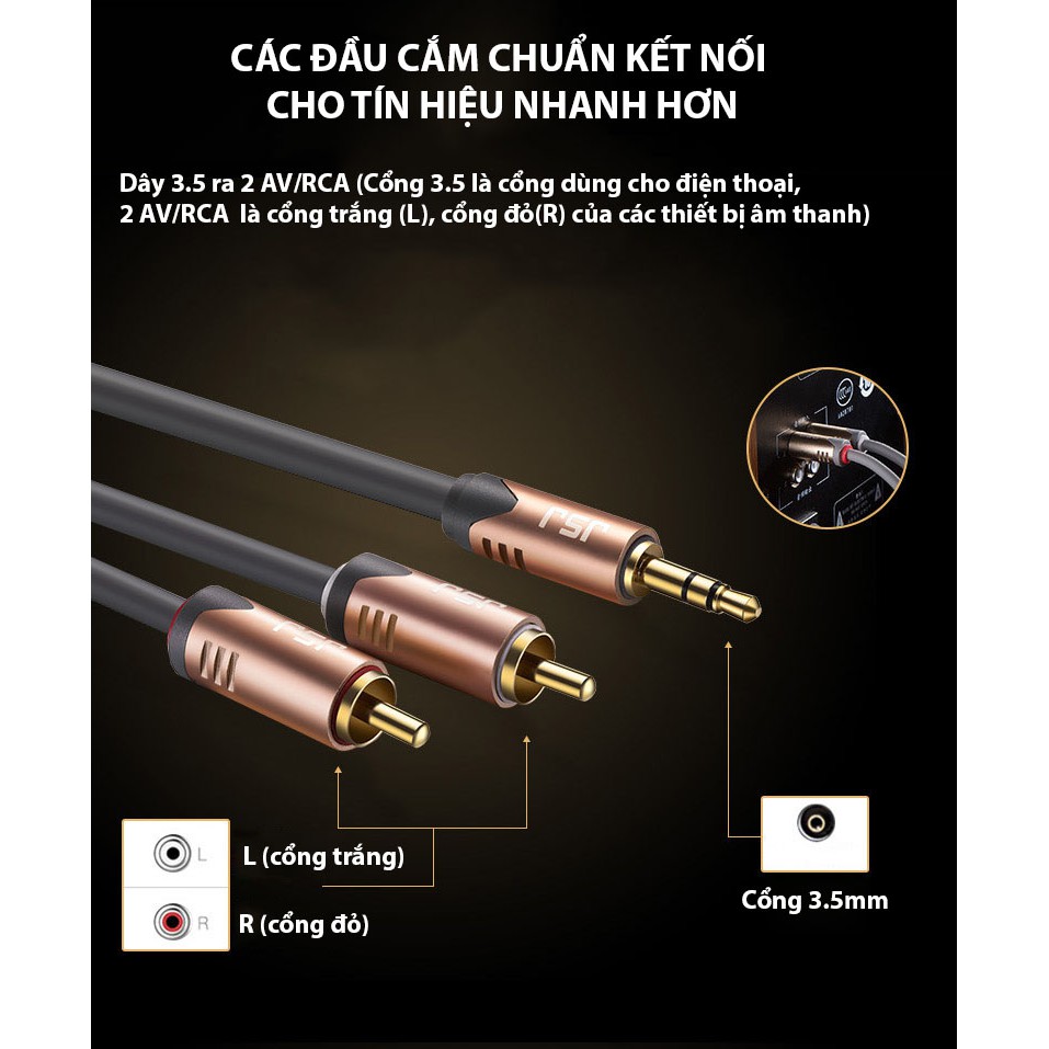 Dây tín hiệu đầu 3 ly (3.5mm) ra 2 đầu bông sen (AV/RCA) JSJ 3322 dài 1.8m - 5m kết cấu mềm mại, đầu nối mạ vàng