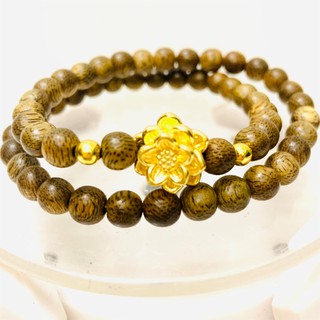 Vòng Tay Gỗ Trầm Hương 6mm - 8mm Mix Bạc Ta Phủ Vàng 24K Hoa Sen (quấn tay 2 vòng,54 hạt)