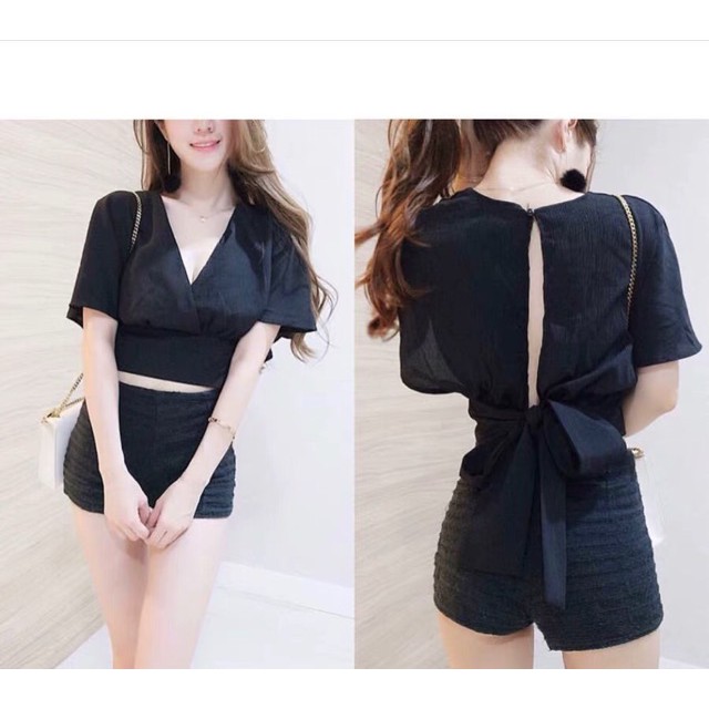 {Order5-7 ngày}Áo croptop cổ V buộc nơ eo xẻ lưng tay loe