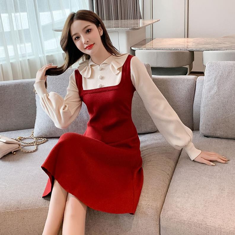 Đầm Nữ Chất Len Giả Yếm- Cổ Sen Bèo Hàng Quảng Châu Chất Loại Xịn M0235 - Lolla_Fashion