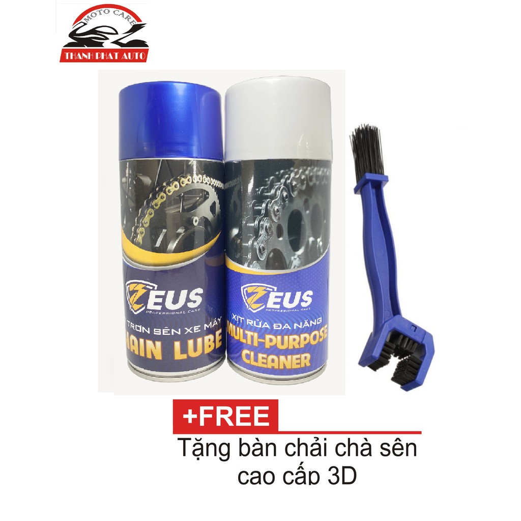 Combo Dưỡng sên Zeus chain Lube 400ml, Rửa sên Zeus Chain Cleaner 400ml Tặng bàn chải vệ sinh sên Cao cấp