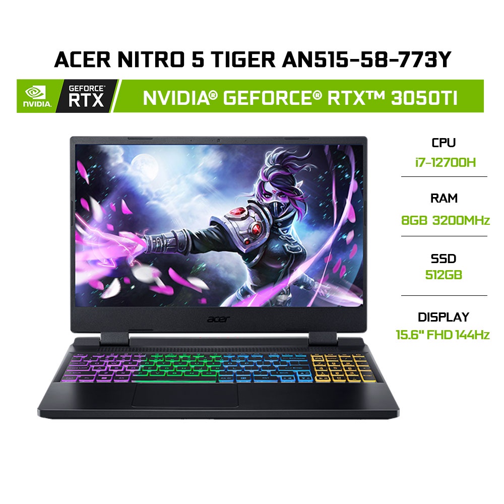 Laptop Acer Nitro 5 Tiger AN515-58-773Y i7-12700H|8GB|512GB|RTX™ 3050Ti|15.6'FHD144Hz|W11