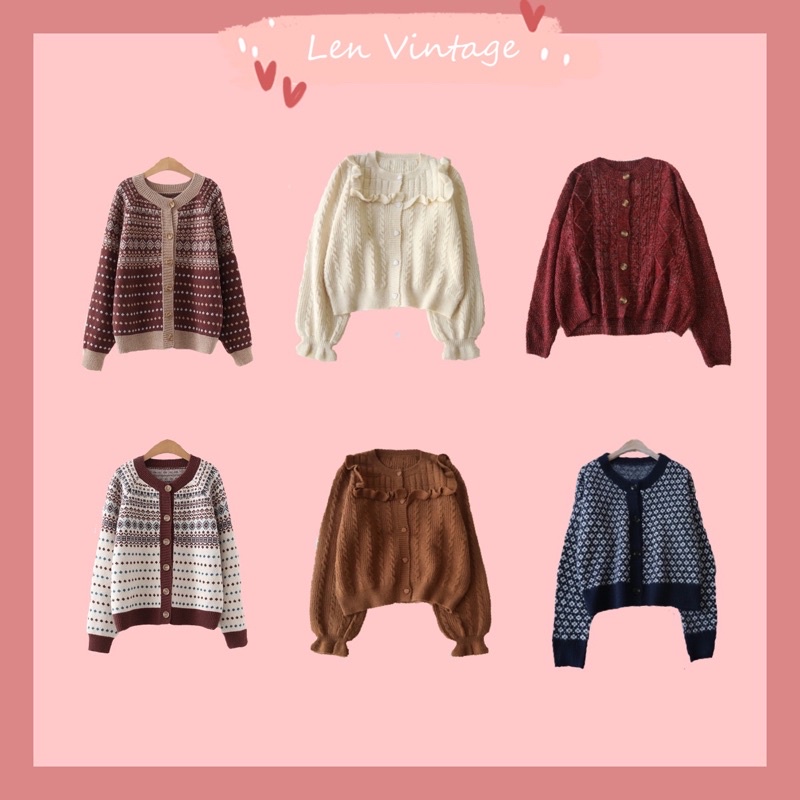 Áo khoác len Cardigan hoạ tiết vintage phong cách Nhật thu đông phối hợp sơ mi váy đuôi cá harajuku Hàn quốc