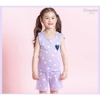 (100,110)Bộ hè 3 lỗ cotton giấy xuất Hàn bé gái hoạ tiết chấm bi tím