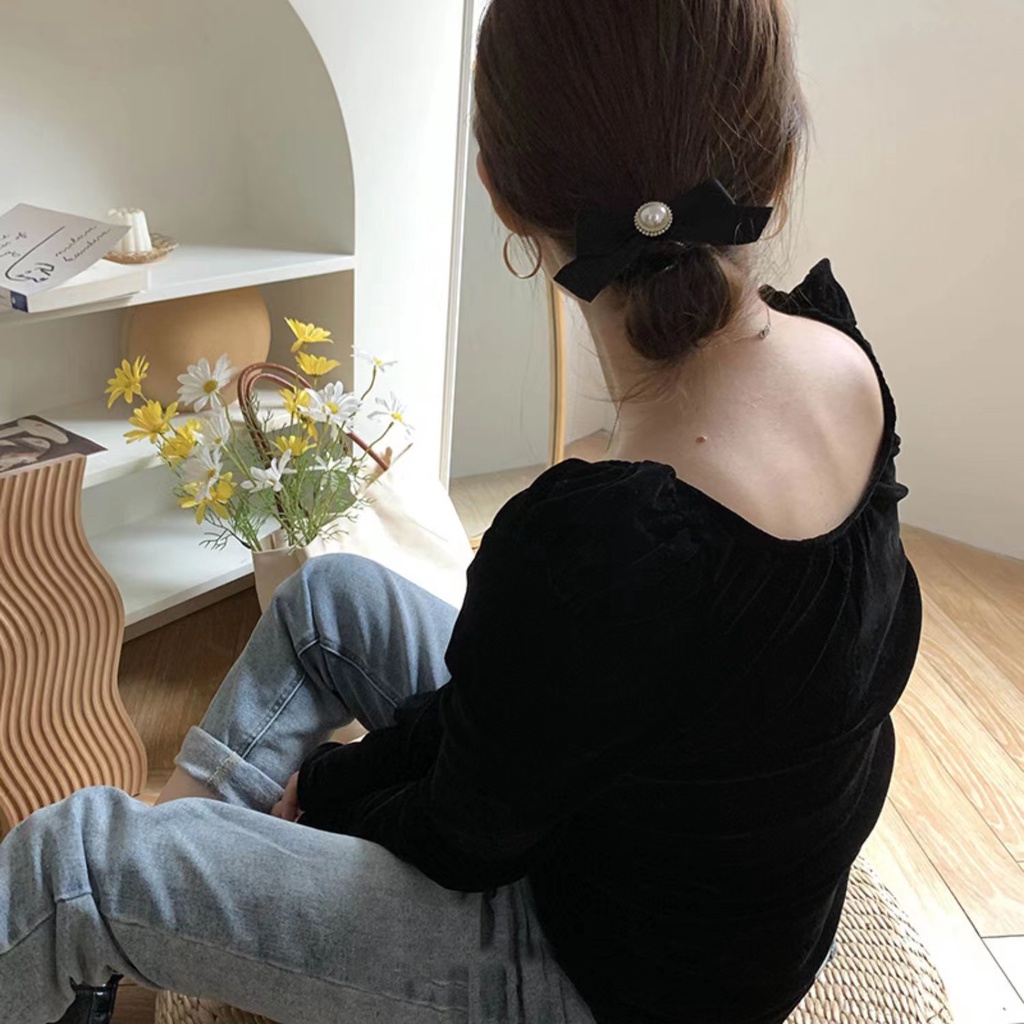 Dây Buộc Tóc Cao Su Màu Đen Đính Nơ Và Ngọc Trai Phong Cách Retro Pháp