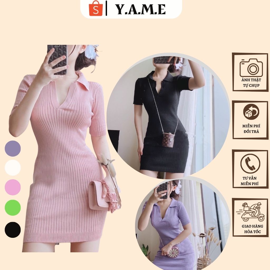 Váy len tăm body nữ dáng ôm màu đen tím hồng trắng xanh lá cổ V bẻ cao cấp - Y.A.M.E Clothing Mã 012