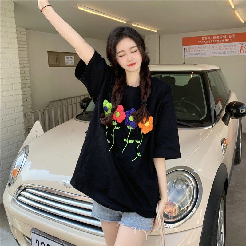 Áo Thun Tay Ngắn Cổ Tròn Thêu Hoa Cỡ Lớn Thời Trang Mùa Hè Hàng Mới Cho Nữ
