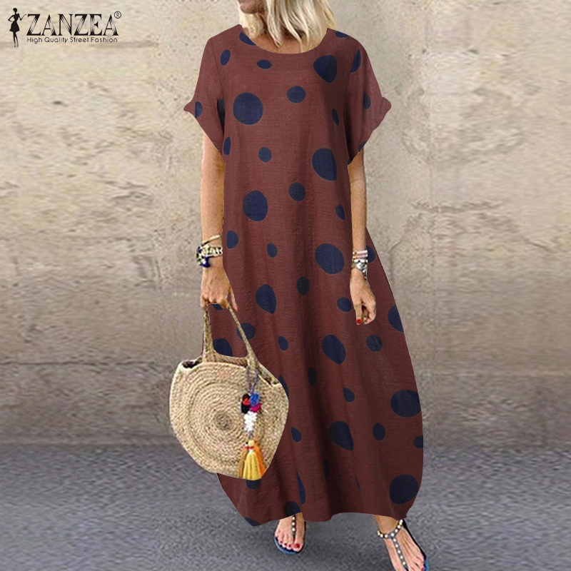 ZANZEA  Đầm Maxi Họa Tiết Chấm Bi Phong Cách Retro