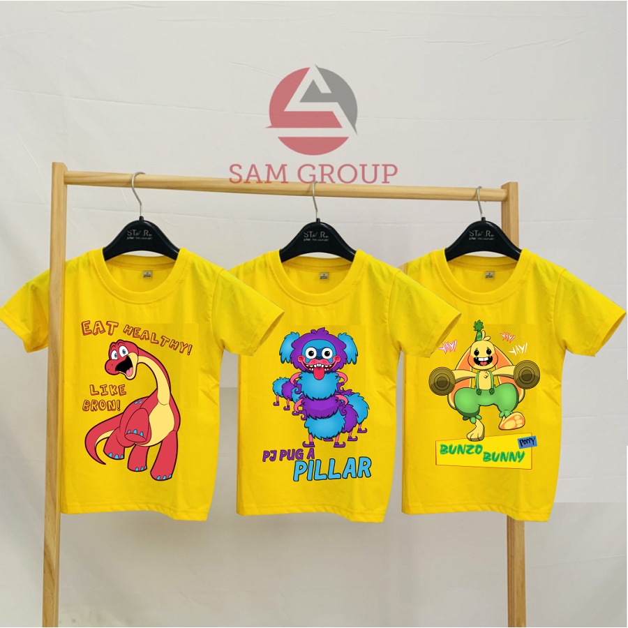 Áo thun màu vàng in hình poppy play time 2 nhân vật bunny bron candy cat cực hot cho trẻ em