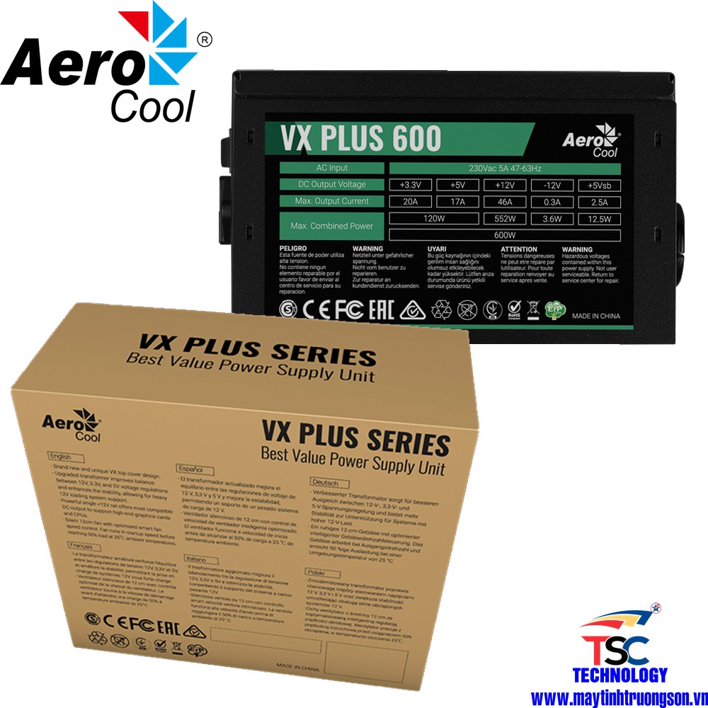 Nguồn Máy Tính Aerocool VX PLUS 600 600W 230V NPFC | Chính Hãng Bảo Hành 36 Tháng