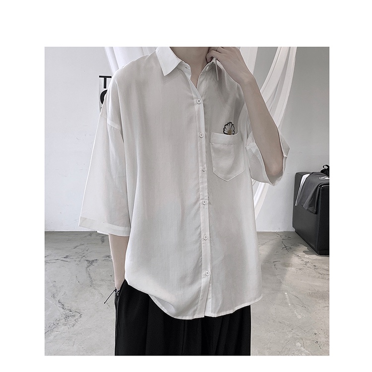 Áo sơ mi form rộng vải lụa có TÚI HOA CÚC tay ngắn màu trắng đen OVERSIZE dành cho nam nữ chuẩn form Hàn Quốc SMN03 | BigBuy360 - bigbuy360.vn