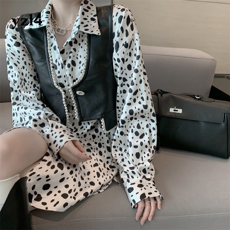 Set Áo Sơ Mi Dài Tay Họa Tiết Chấm Bi Và Áo Khoác Vest Tông Cộc Tay Thời Trang Cho Nữ