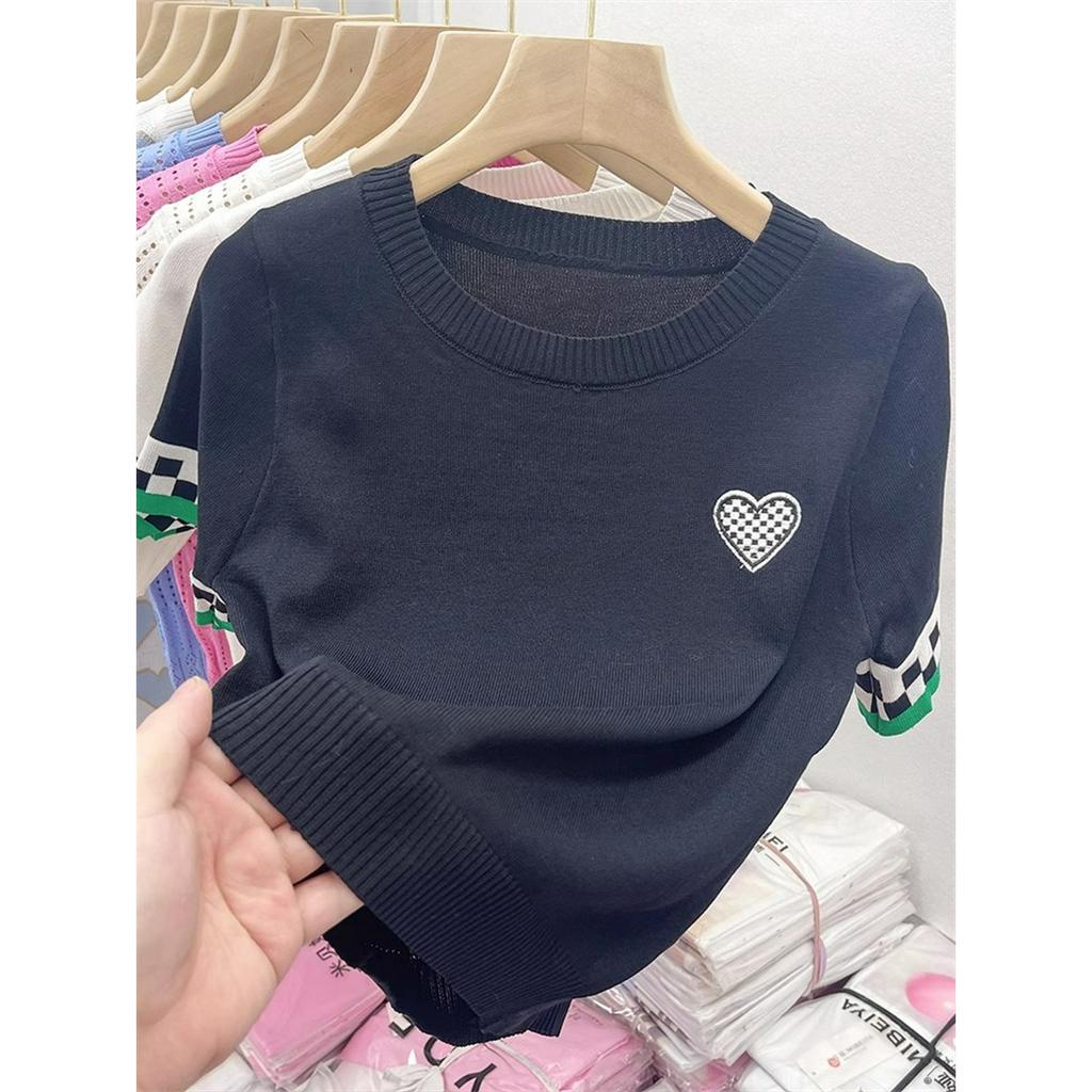 Áo Thun Tay Ngắn Cổ Tròn In Họa Tiết Kẻ Ô Thời Trang Cho Nữ