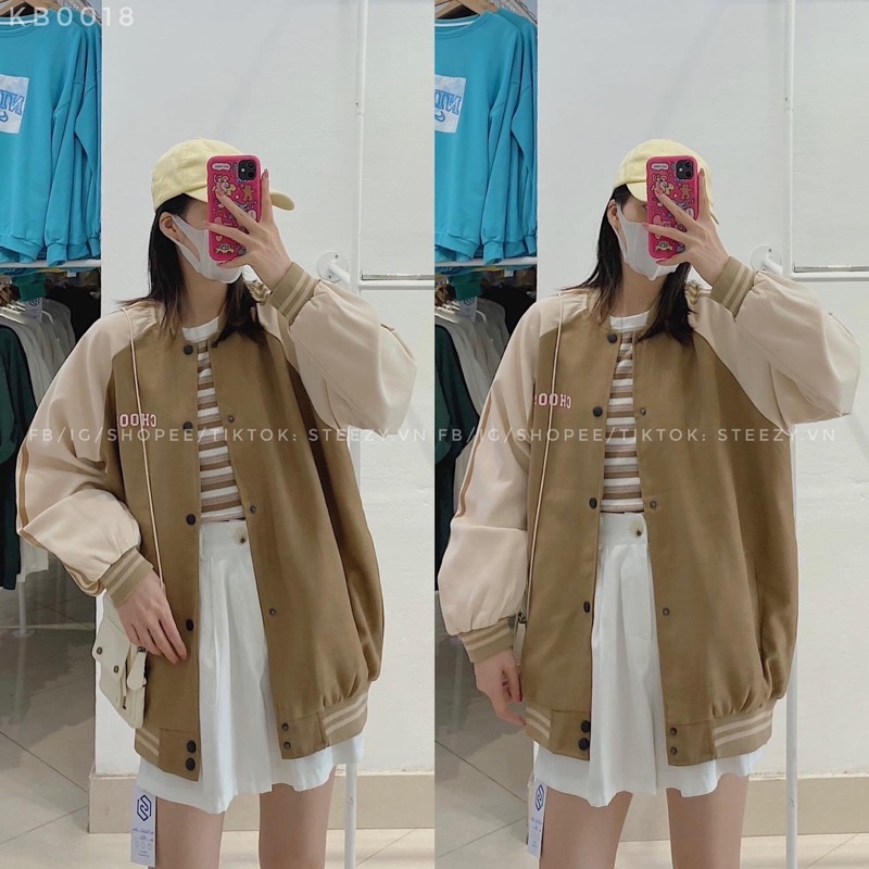 Áo khoác bóng chày bomber kaki da lộn 2 lớp in choose unisex ulzzang nam nữ