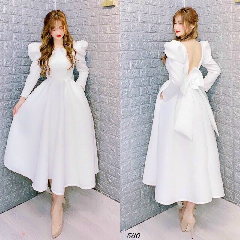 đầm xoè tay dài nơ lưng ( ảnh và video thật 1000%)