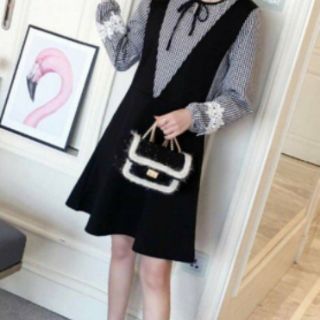 Đầm phối caro tay dài nơ cổ (kèm hình thật)