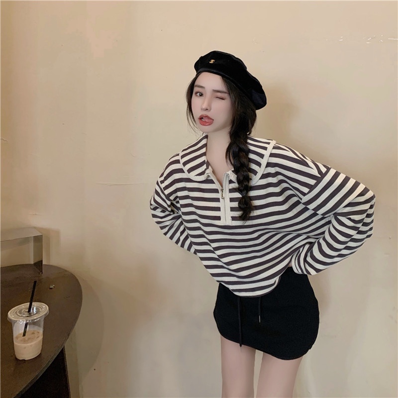 Áo polo tay dài dáng rộng kẻ sọc phối khóa kéo thời trang mùa thu phong cách Hàn Quốc | BigBuy360 - bigbuy360.vn