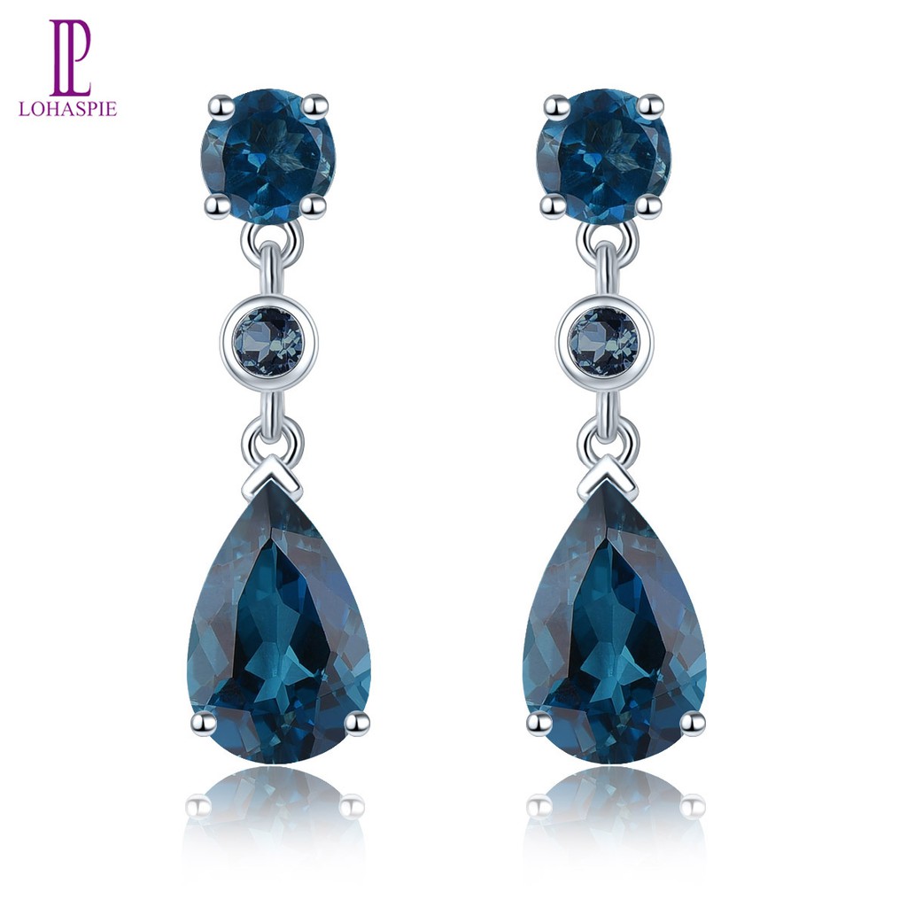 Bông Tai 4 Carats Màu Bạc Đính Đá Topaz Xanh Đậm Thanh Lịch Cắt Lê Trong Năm Mới Cho Nữ