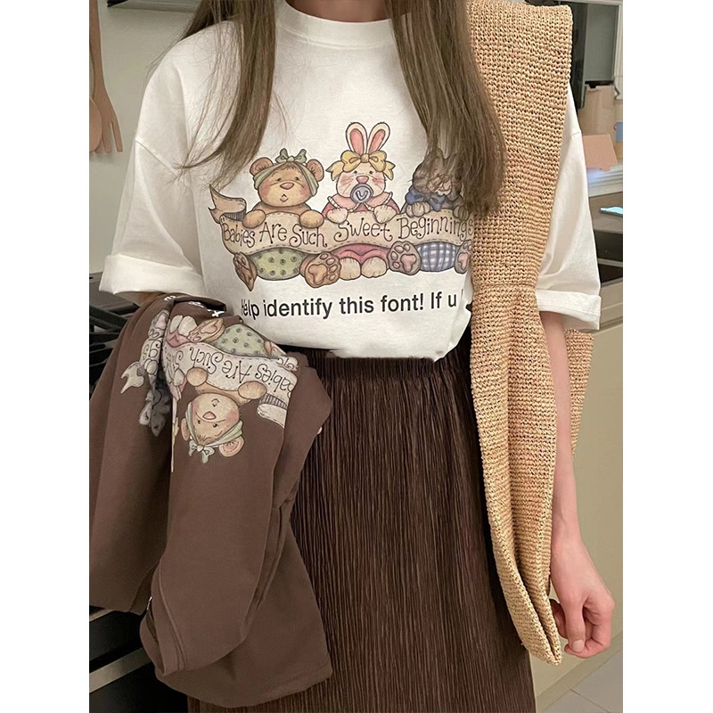 NRVP Áo thun 100% cotton tay ngắn cổ tròn dáng rộng phong cách Hàn Quốc cho nữ