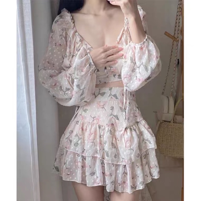 Váy Hoa Dáng Ngắn, Đầm Hoa Nhí Cổ V Cúc Bọc Voan Tơ VH01 Phong Cách Hàn Quốc