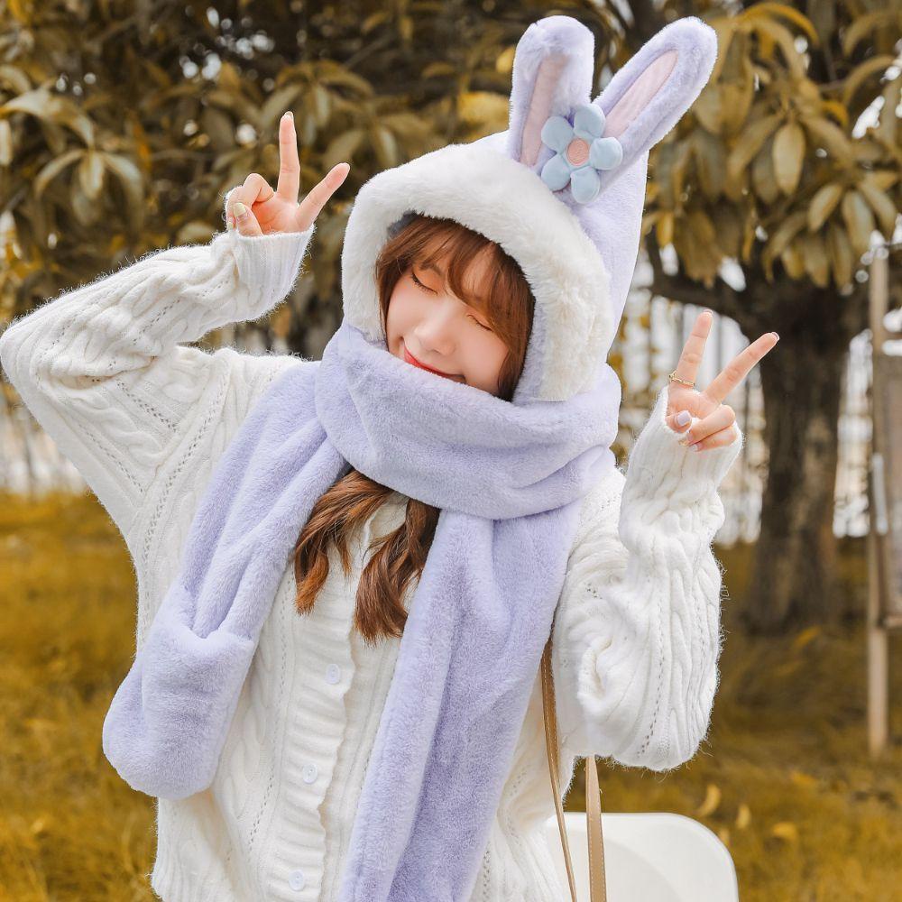 Set Găng Tay + Mũ + Găng Tay + Khăn Choàng 3 Trong 1 Bằng Vải Lông Đính Tai Thỏ Ấm Áp Thời