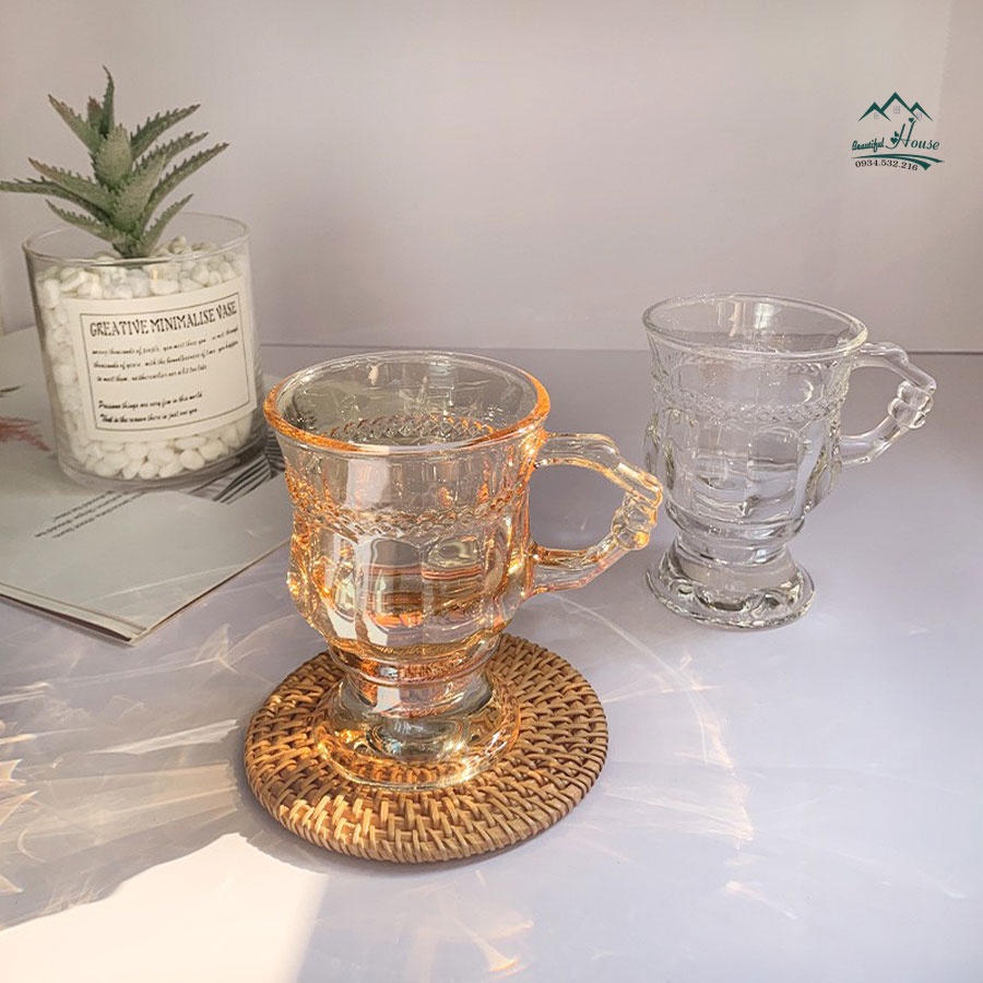 Ly Thuỷ Tinh Vintage Độc Lạ, Dễ Thương Phong Cách Châu Âu, Uống Trà, Cà Phê- Có Quai C06