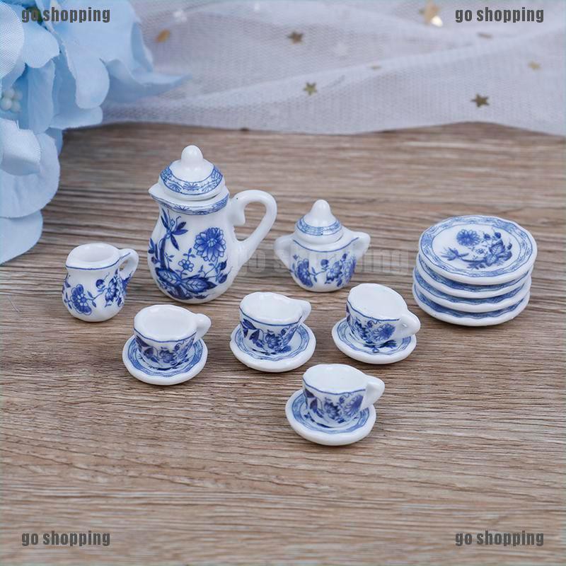 {go shopping}15Pcs 1:12 Dollhouse miniature blue flower tableware porcelain coffee tea cups