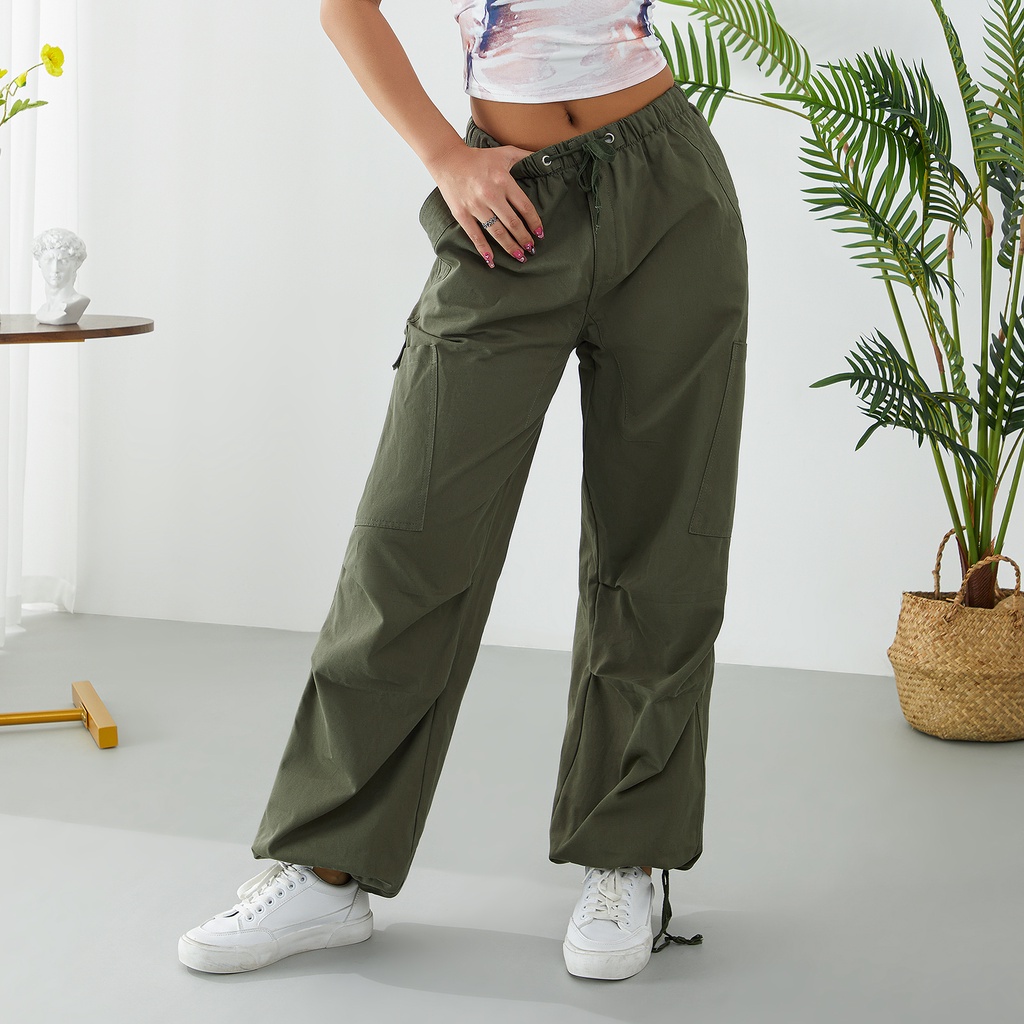 Ldd-Quần ống rộng Dây Rút Nhiều Túi Màu Trơn Vừa Vặn Cho Nữ