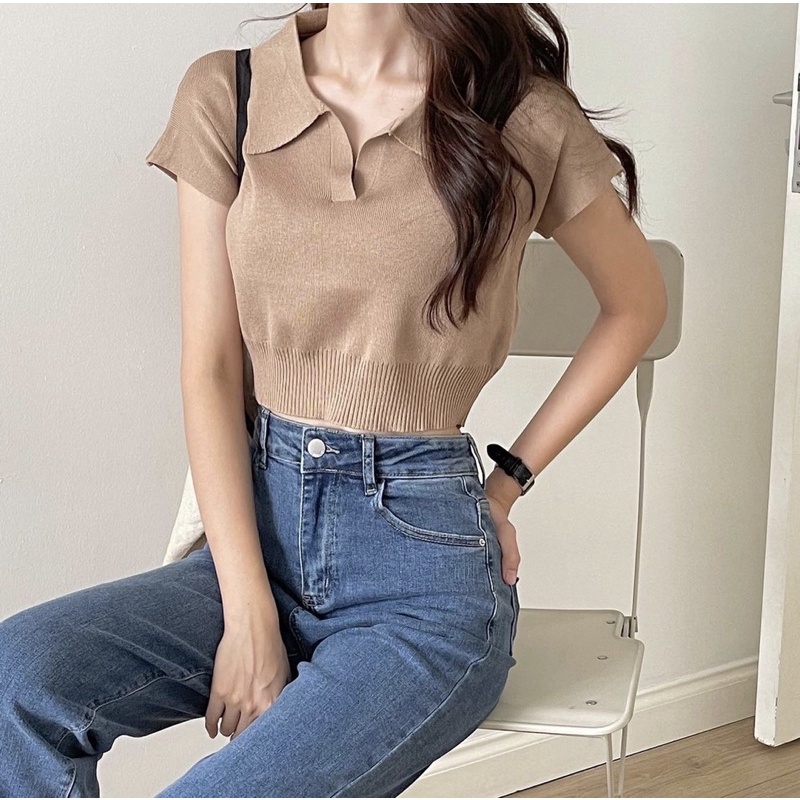 [SALE XẢ] Áo len trơn croptop cộc tay nữ - Áo len nữ cổ bẻ cộc tay hành Quảng Châu