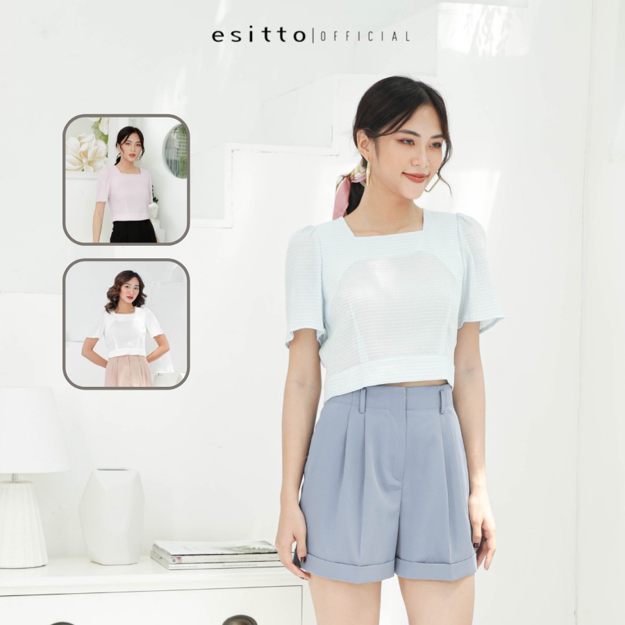Áo kiểu nữ cổ vuông thắt nơ sau esitto-ESBWB25008