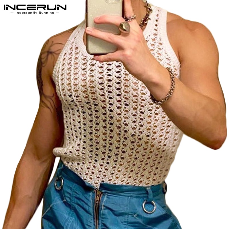 Áo không tay INCERUN dệt kim vải cotton xuyên thấu phối ren thời trang mùa hè sành điệu cho nam
