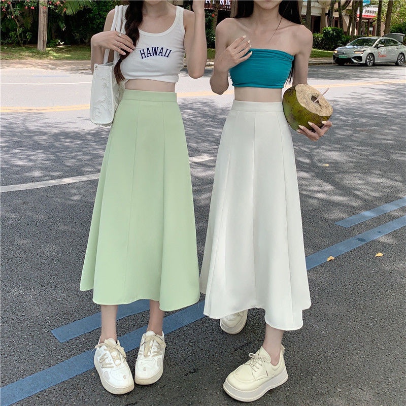 Chân váy eo cao dài trung bình màu trơn dáng chữ A