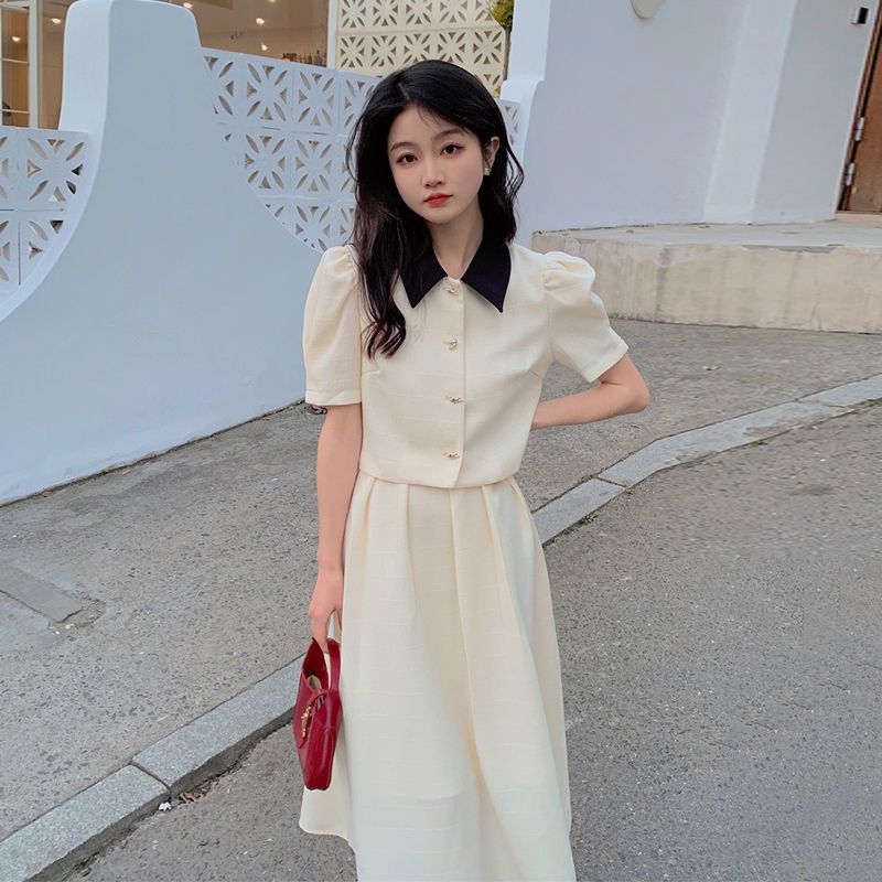 Set áo ngắn và váy dài phong cách retro cho nữ