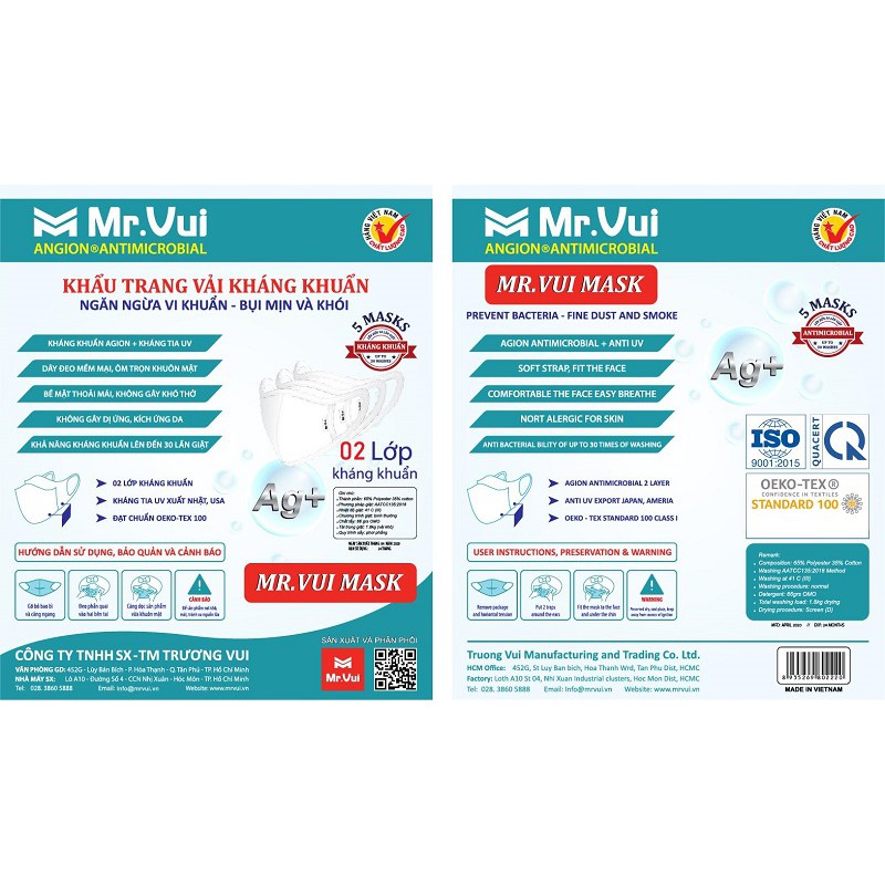 Khẩu trang vải kháng khuẩn 2 lớp Mr Vui KTKK001