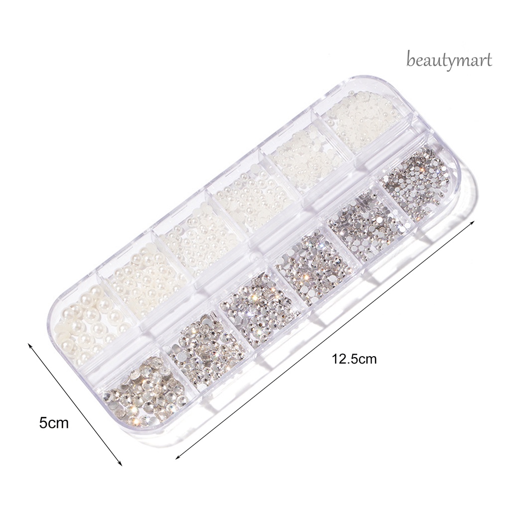 [Hàng mới về] Hộp 12 ngăn ngọc trai và đá đính nhân tạo 3D lấp lánh trang trí móng tay