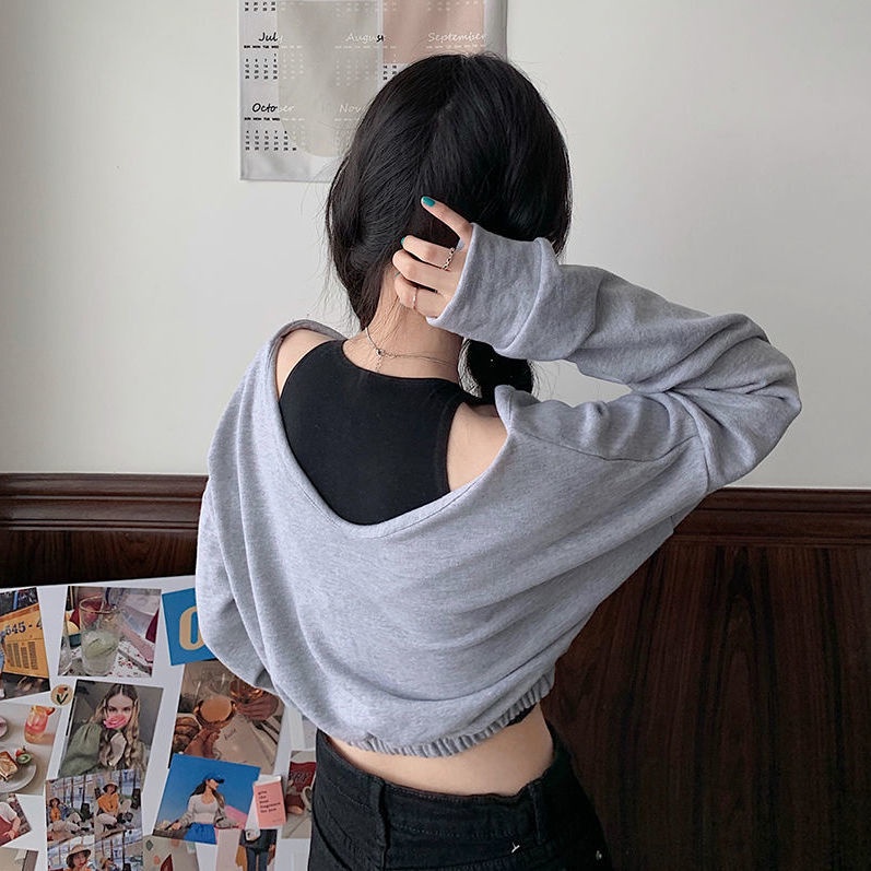 Áo Thun Tay Dài Hở Vai Cổ Chữ V Màu Trơn Thời Trang Cho Nữ