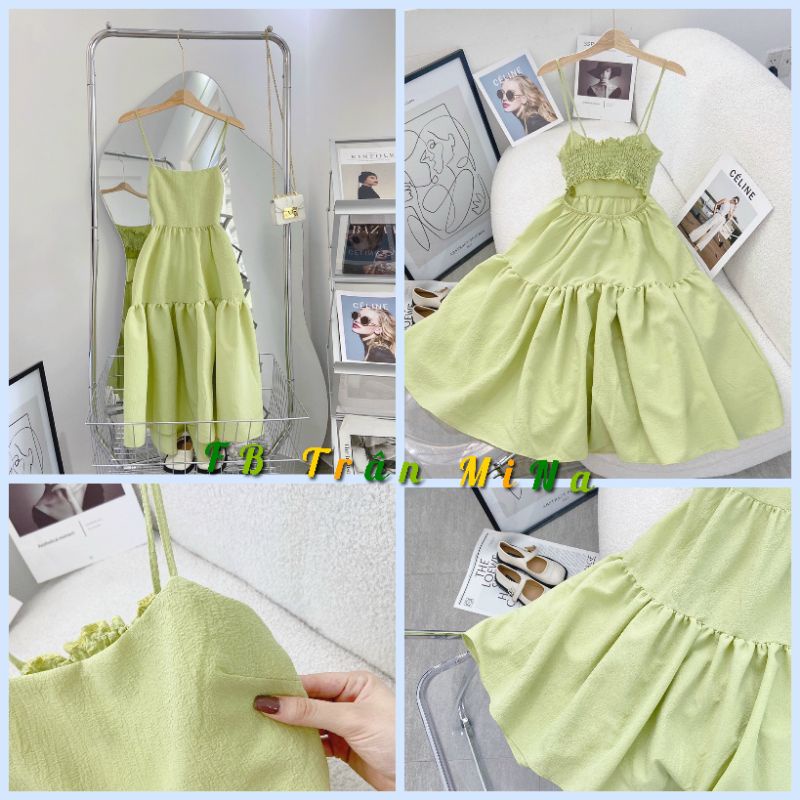 ĐẦM BABYDOLL XANH 2 DÂY CUTOUT LƯNG☘️