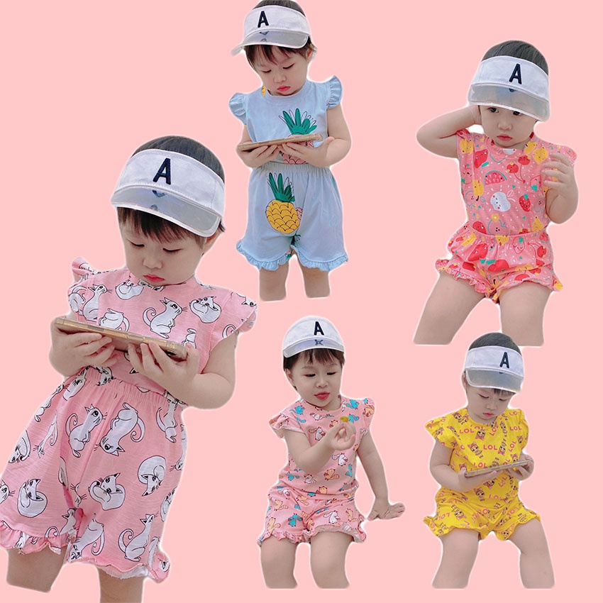 Bộ Quần Áo Trẻ Em Cộc Tay In Hình Mèo Dâu LOL Xinh Xắn Vải Cotton Cho Bé Gái Từ 8-20kg Mã CT47