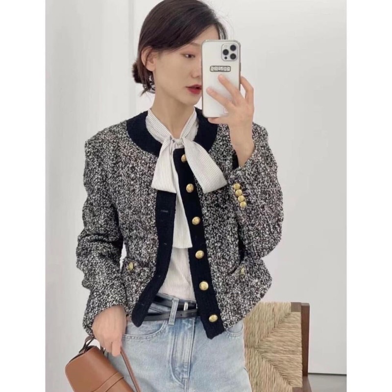 Áo dạ tweed dáng ngăn vạt tay dài cổ tàu khuy đong chất dạ dày sang chảnh mùa đông